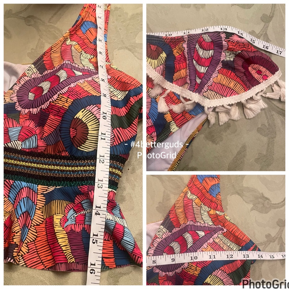 New Tankini Ruffle Colorful Abstract Graphic Boho Print Tassel Swimsuit Medium - Picture 11 of 16